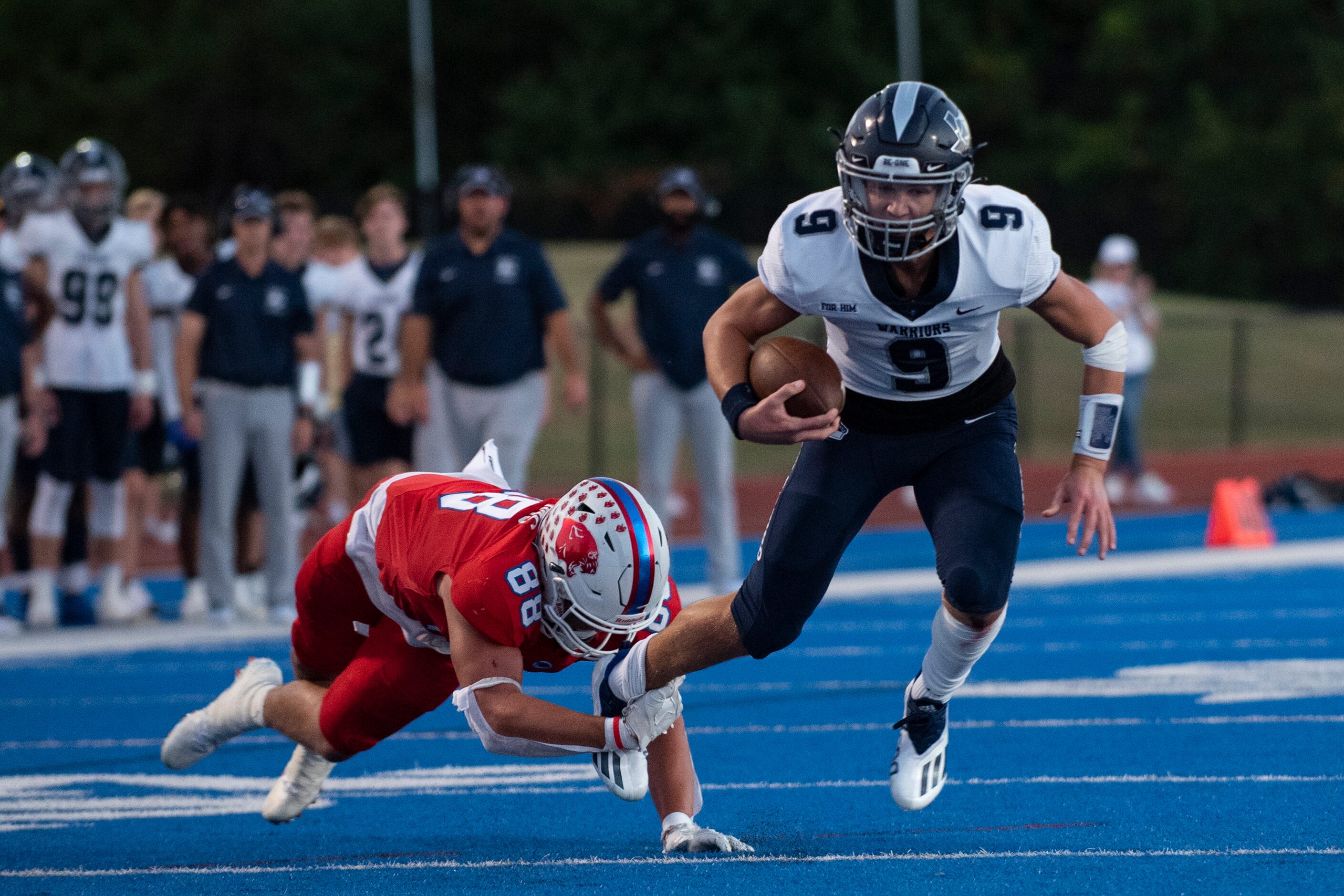 Parish Episcopal junior Tre Williams (88) tackles Argyle Liberty Christian junior Jacob...