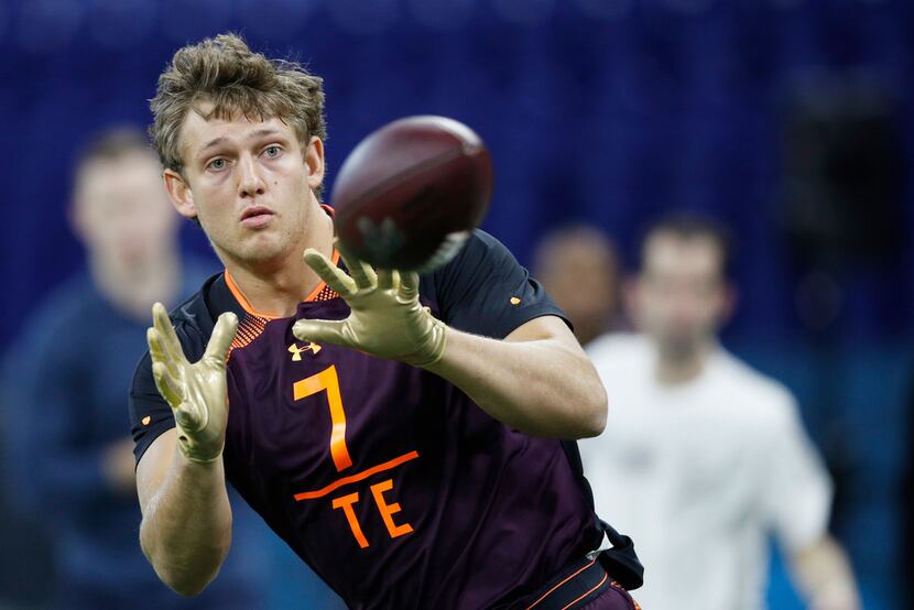 INDIANAPOLIS, IN - MARCH 02: Tight end T.J. Hockenson of Iowa works out during day three of...