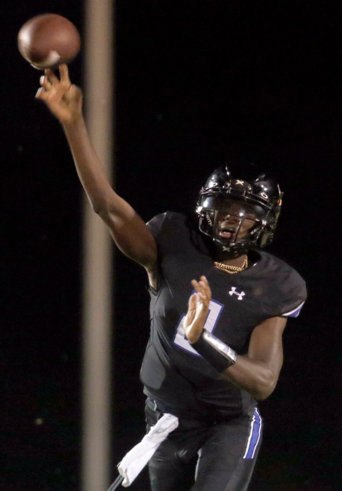 Trinity Christian Cedar Hill quarterback Shedeur Sanders (2) launches a pass downfield...