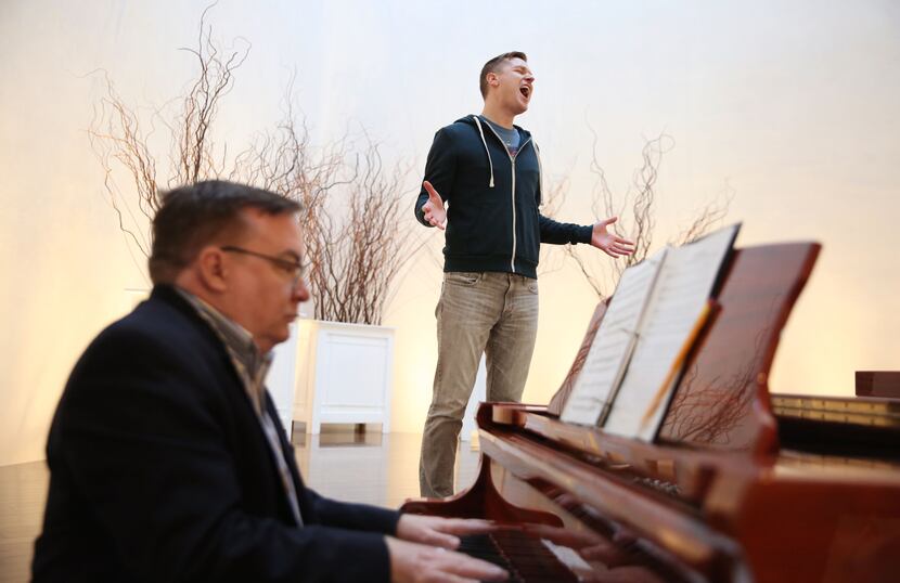 Mikah Meyer rehearses his cabaret performance with pianist Les Holben at Cathedral of Hope...
