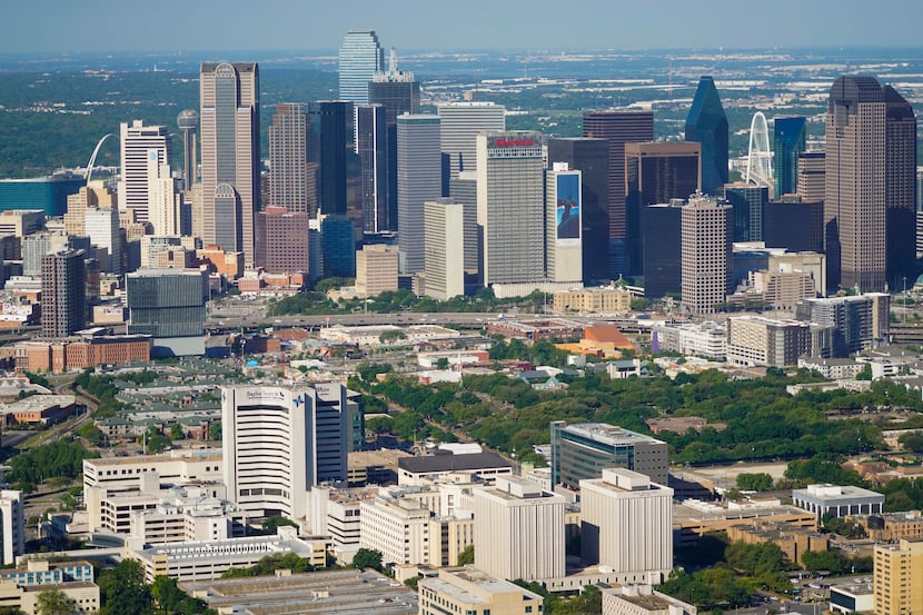 An aerial view of the downtown Dallas skyline with the Baylor University Medical Center in...
