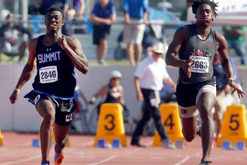 Duncanville's Marquez Beason (right) sprints against Mansfield Summitt's Quenten Jones in...