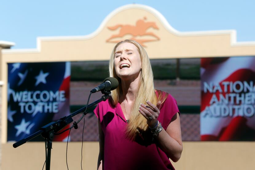 Chelsie Goff, 32, of Grand Prairie, auditions to perform the national anthem at Grand...