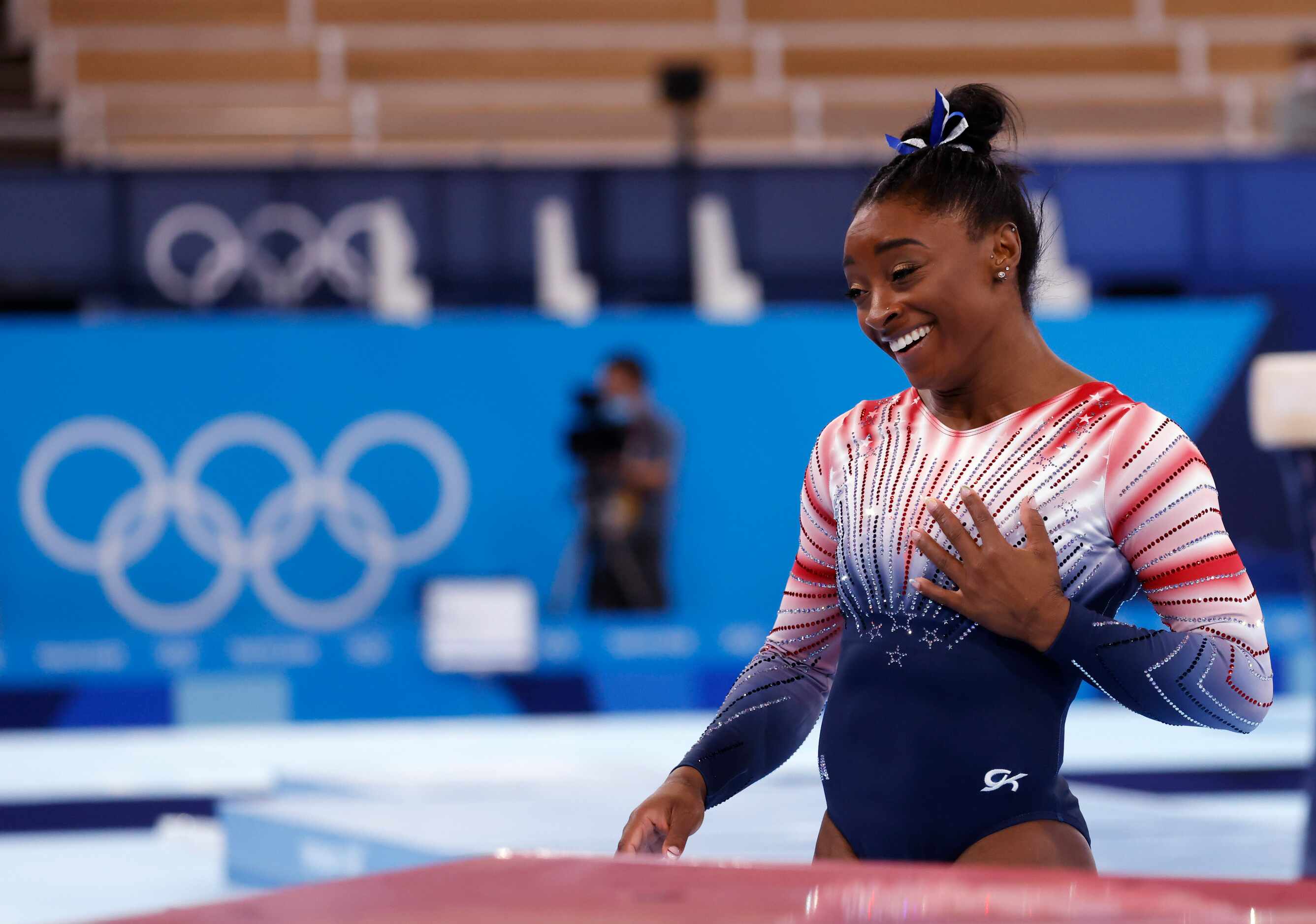USA’s Simone Biles after competing in the women’s balance beam final at the postponed 2020...