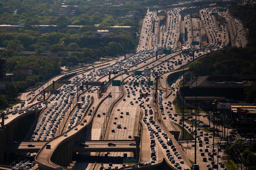 Aerial view of traffic on Interstate 635 seen looking west from the High Five Interchange on...