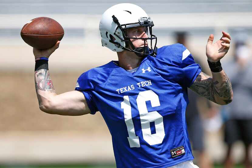 Texas Tech's Nic Shimonek (16) throws during the NCAA college football team's scrimmage...