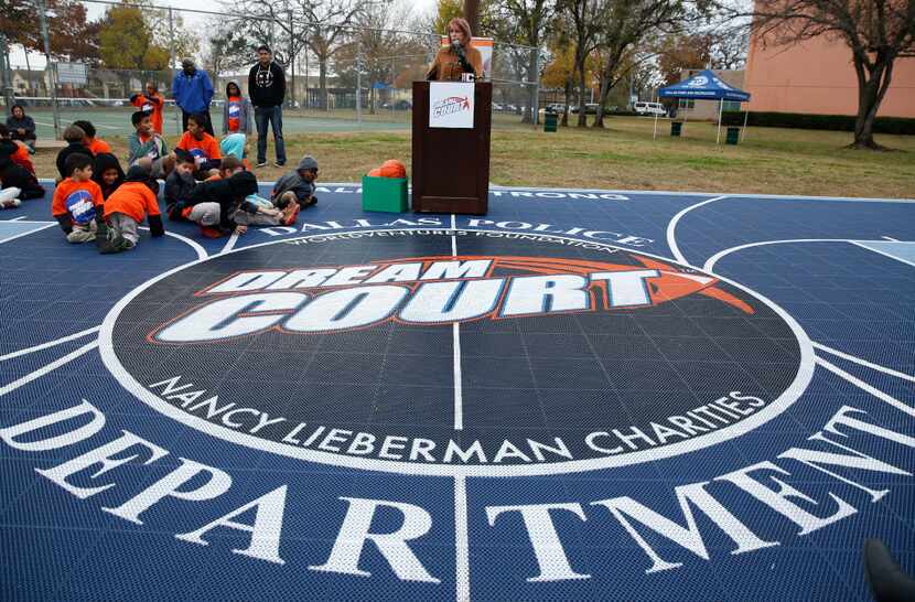 Nancy Lieberman talks to the crowd during the Dallas Strong Dream Courts dedication ceremony...