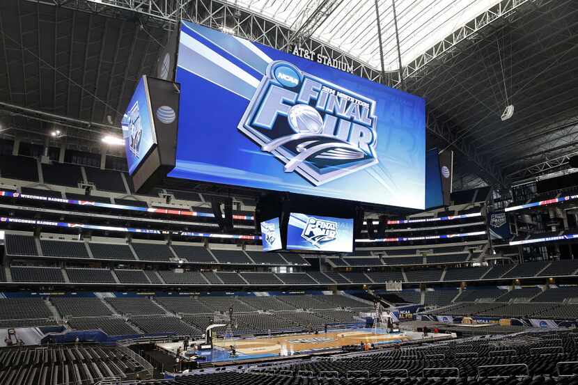 The inside of AT&T Stadium in Arlington is prepped for the 2014 NCAA Final Four, Wednesday,...