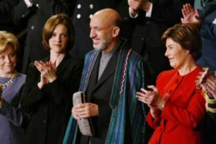  FILE PHOTO: Laura Bush with Afghan president Hamid Karzai at President George W. Bush's...