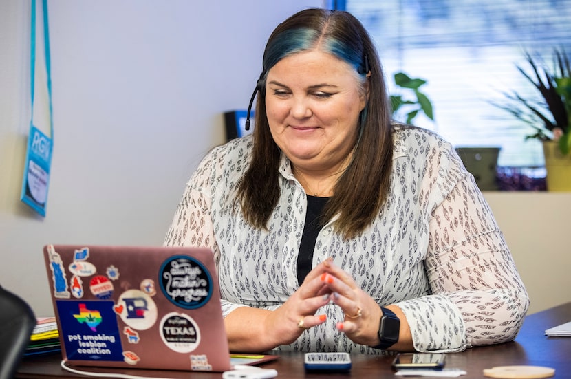 Representative Michelle Beckley (D) calls constituents at her campaign office on Friday,...