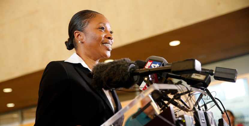 U. Renee Hall answers questions from the media during a meet-and-greet with Dallas police...