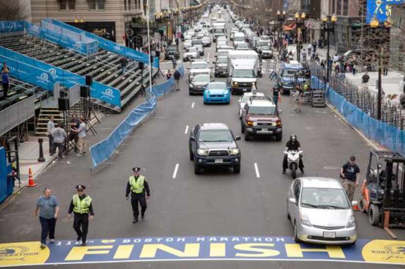 
Police patrolled the finish line Monday for next week’s race. Last year, two...