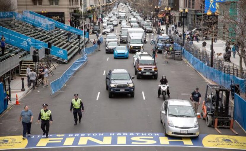 
Police patrolled the finish line Monday for next week’s race. Last year, two...