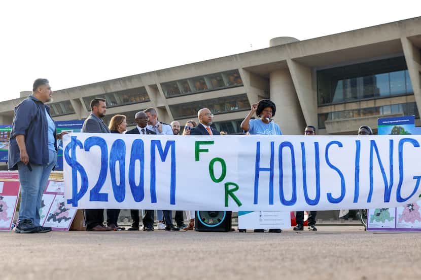 Former Dallas City Council member Diane Ragsdale speaks during an affordable housing rally...