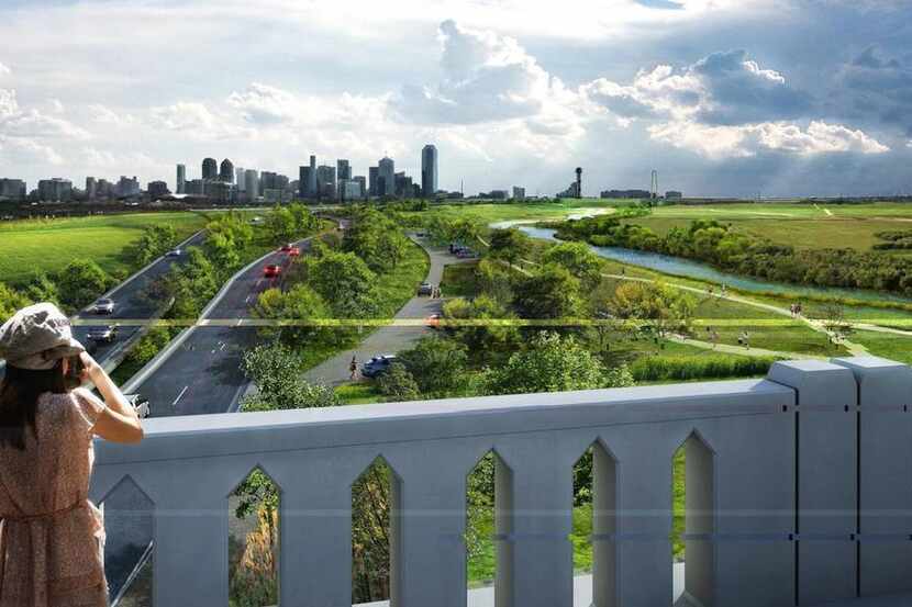 
A rendering from a team of urban designers shows a vision of the Trinity River basin with a...