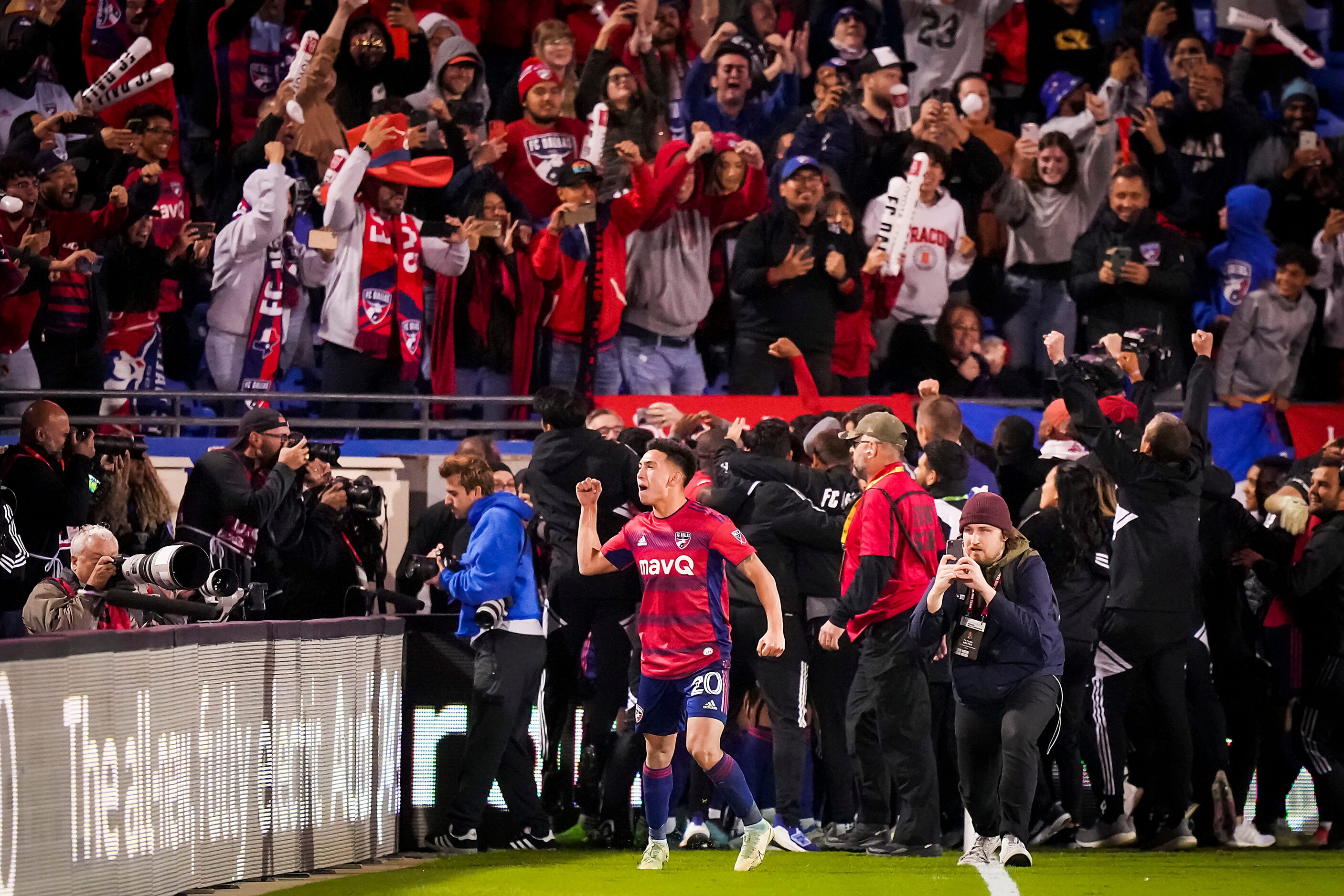 FC Dallas forward Alan Velasco (20) celebrates after scoring the game-winner during a...