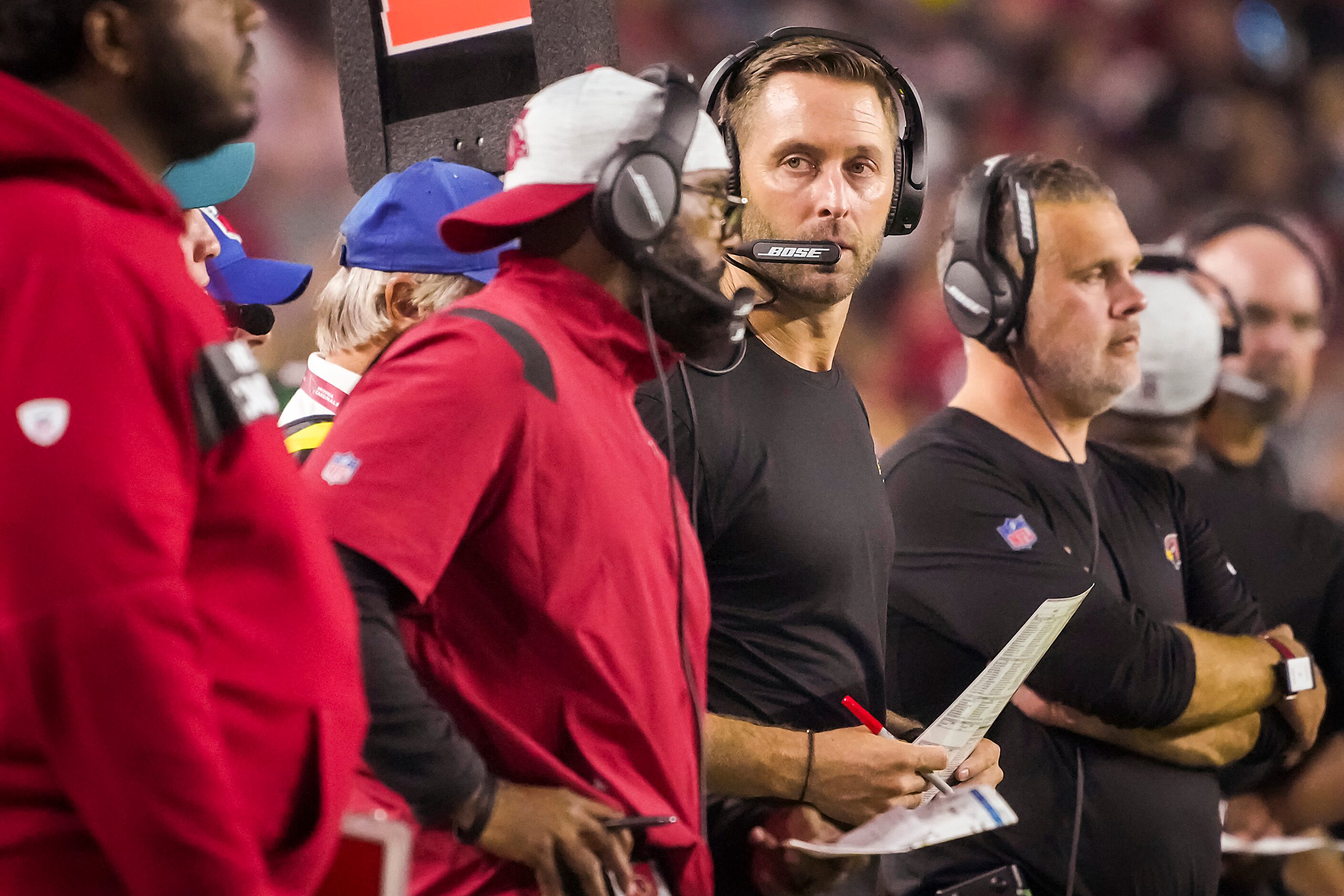 Arizona Cardinals head coach Kliff Kingsbury watches from the sidelines during the second...