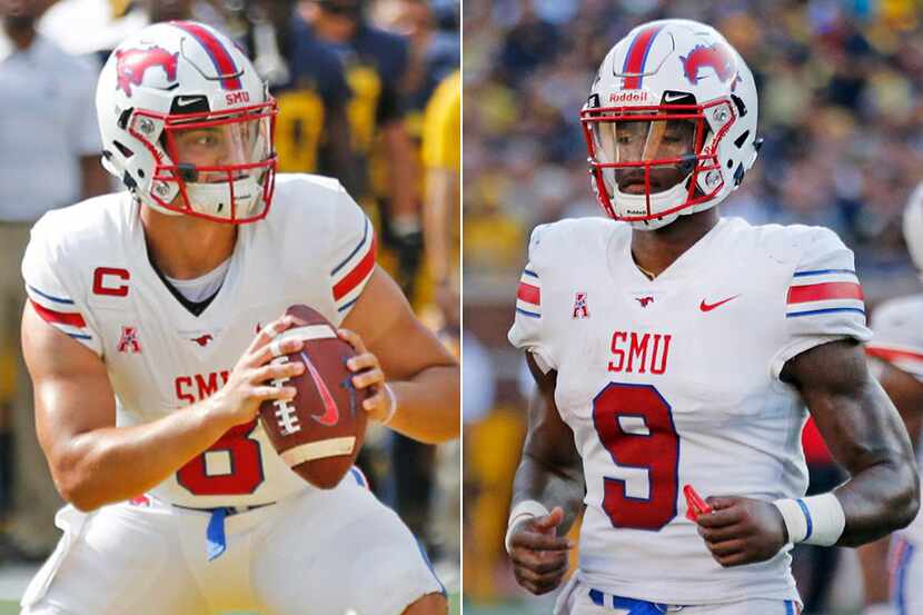 Quarterbacks Ben Hicks (left) and William Brown are pictured before SMU's game at Michigan...