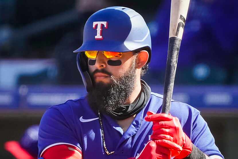 Texas Rangers infielder Rougned Odor steps into the batters box during the third inning of a...