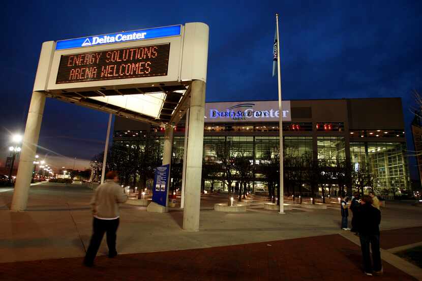 FILE - The marquee in front of the Energy Solutions Arena, formerly the Delta Center, home...