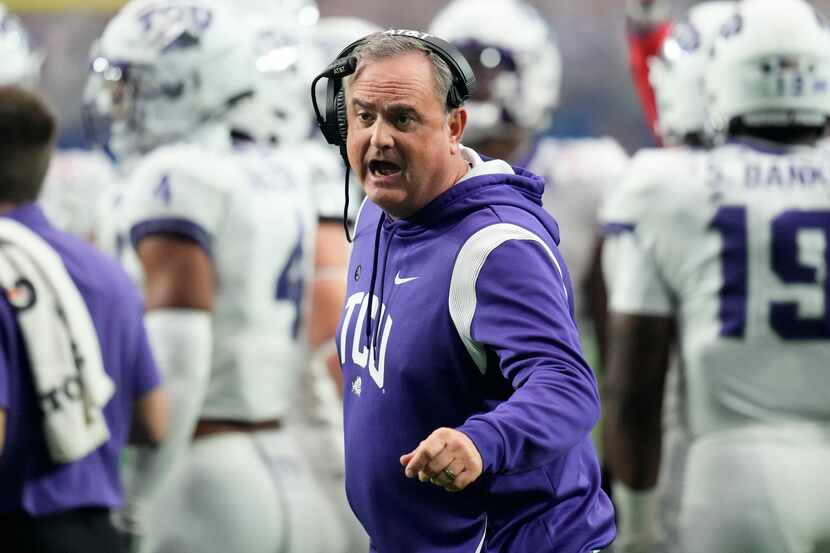 TCU head coach Sonny Dykes yells during the first half of the Fiesta Bowl NCAA college...