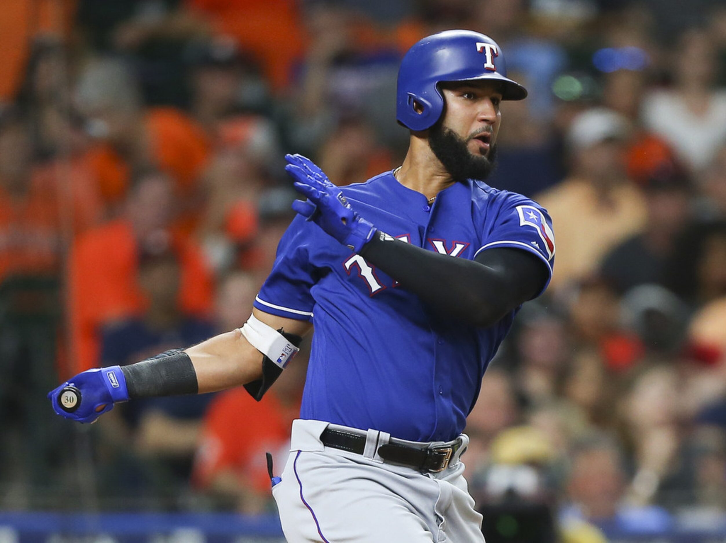 HOUSTON, TX - MAY 11:  Nomar Mazara #30 of the Texas Rangers doubles in the  seventh inning...