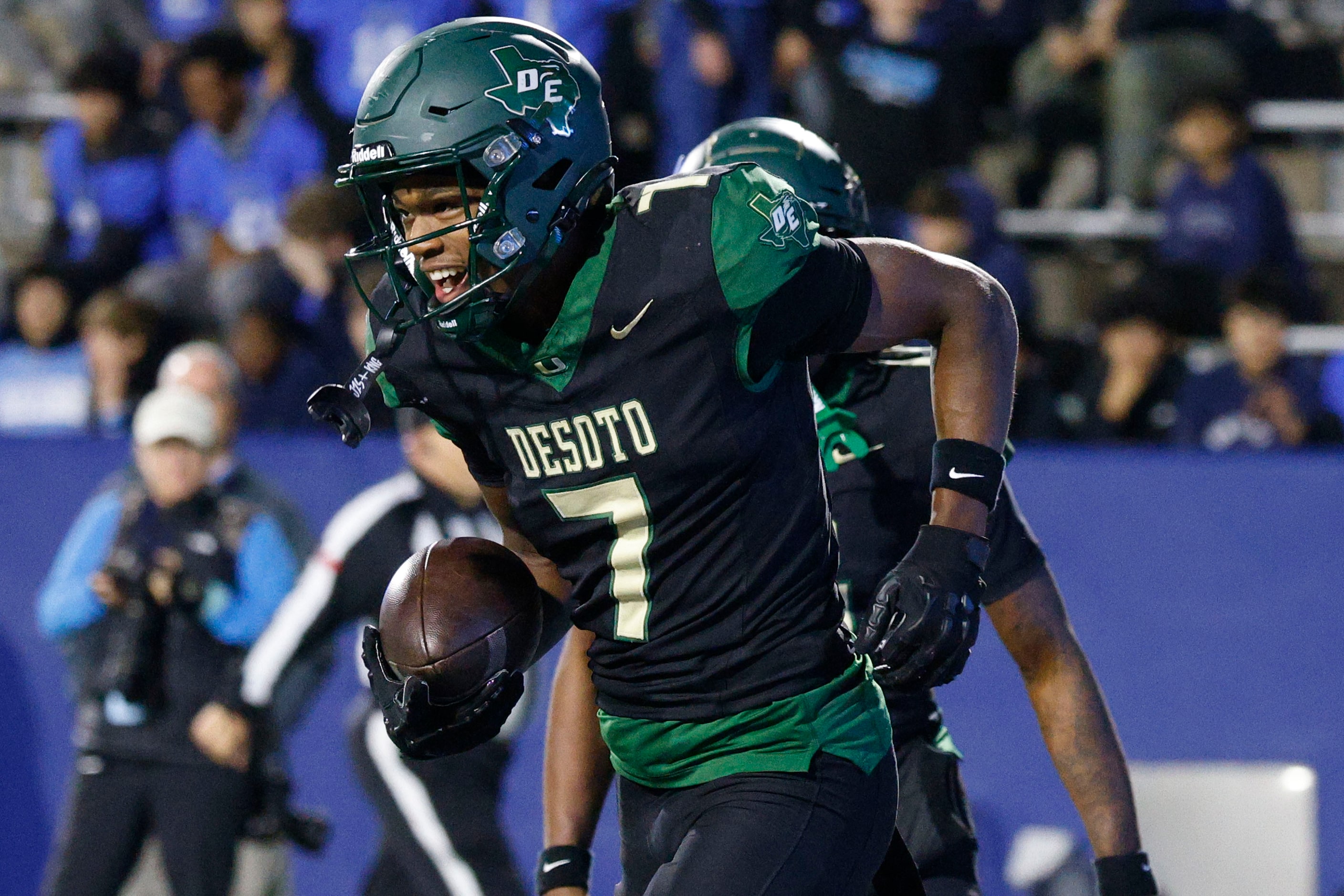 DeSoto's Ethan Feaster (7) reacts after scoring a touchdown against Wylie East in the second...