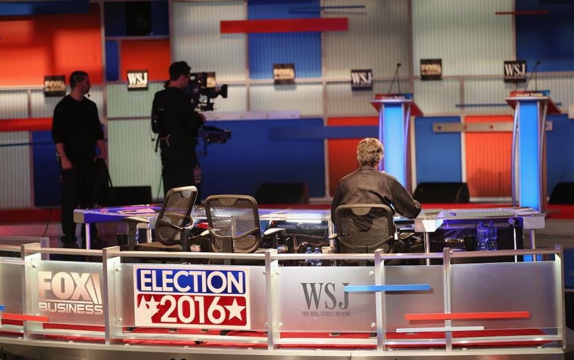 The stage is prepared prior to the Republican Presidential Debate sponsored by Fox Business...