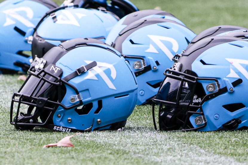 Arlington Renegades helmets sits on the field at Choctaw Stadium, Friday, Feb. 10, 2023, in...