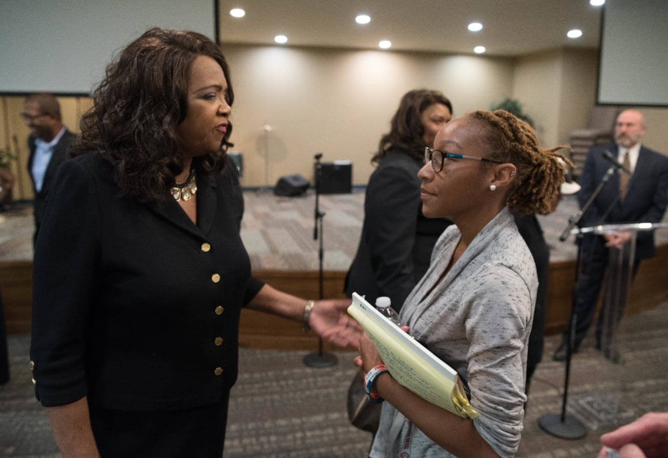 District Attorney Faith Johnson (left) speaks with prospective intern Sparkle Jennings, a...
