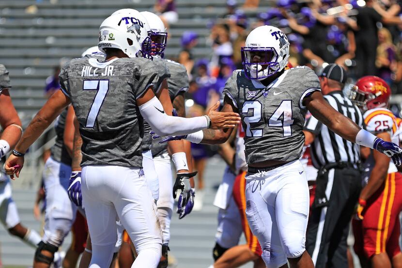 FORT WORTH, TX - SEPTEMBER 17: Trevorris Johnson #24 of the TCU Horned Frogs celebrates with...