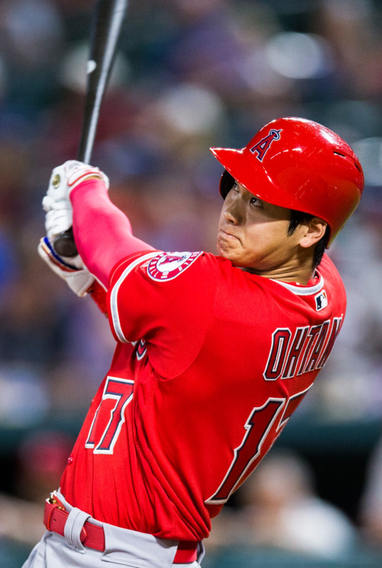 Los Angeles Angels designated hitter Shohei Ohtani (17) bats during the seventh inning of an...