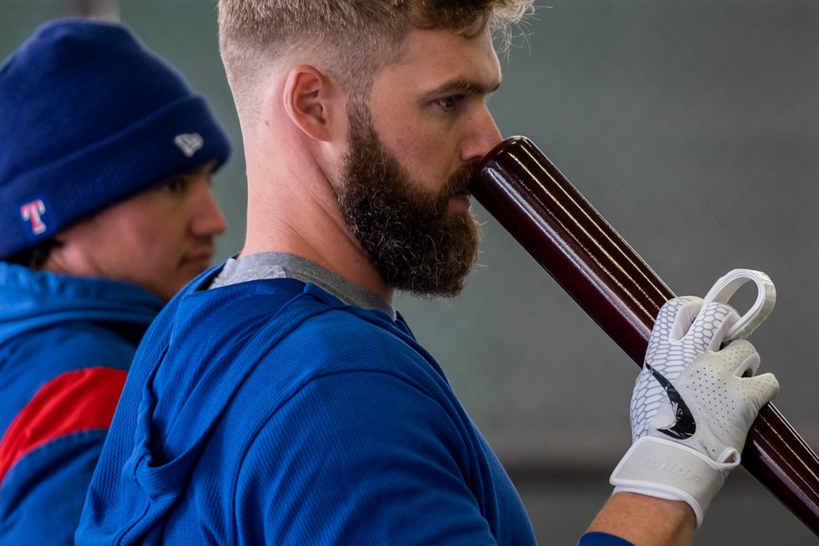 Texas Rangers infielder Matt Davidson prepares to hit in the batting cages during a spring...