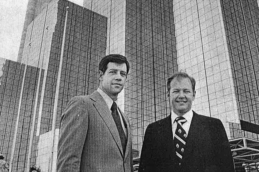 Ray Hunt and John Scovell, president of Woodbine Development, in front of Hyatt Regency...