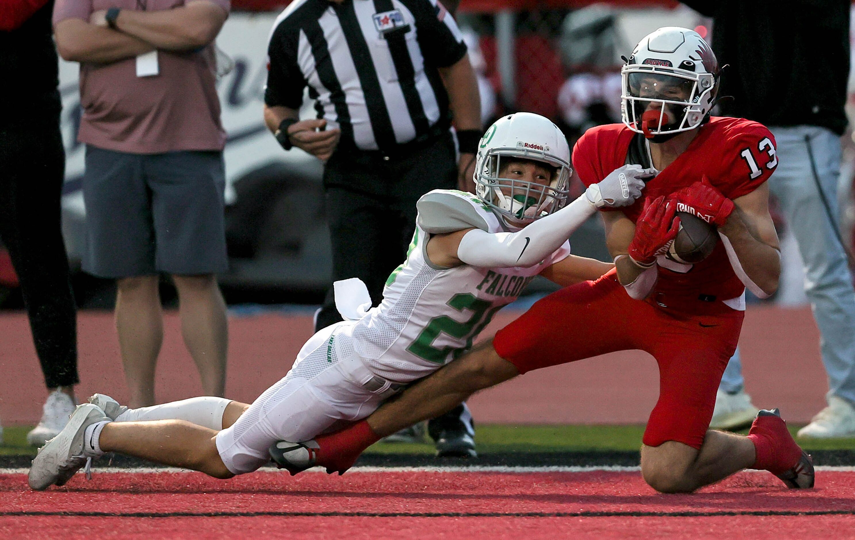 Argyle wide receiver Will Krzysiak (13) comes up with a touchdown reception against Lake...