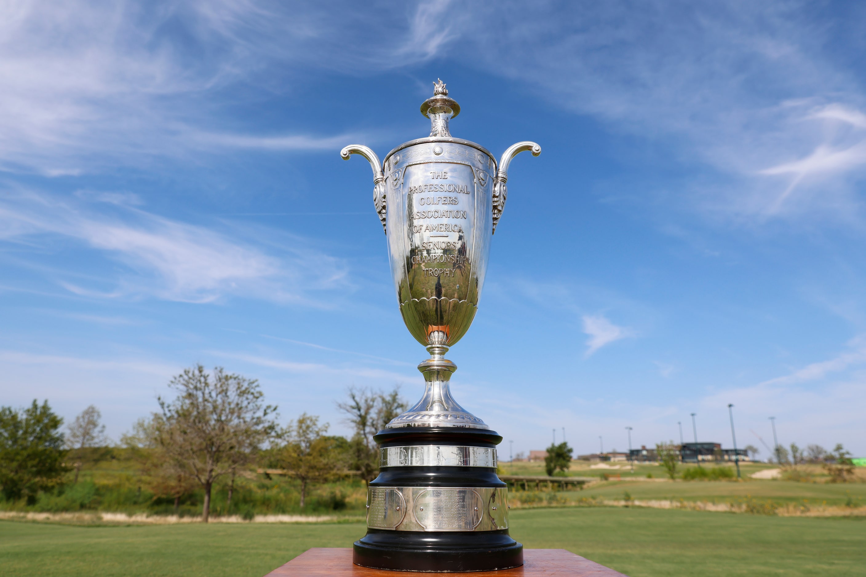 Championship trophy of the 2023 KitchenAid Senior PGA Championship at PGA Frisco golf course...