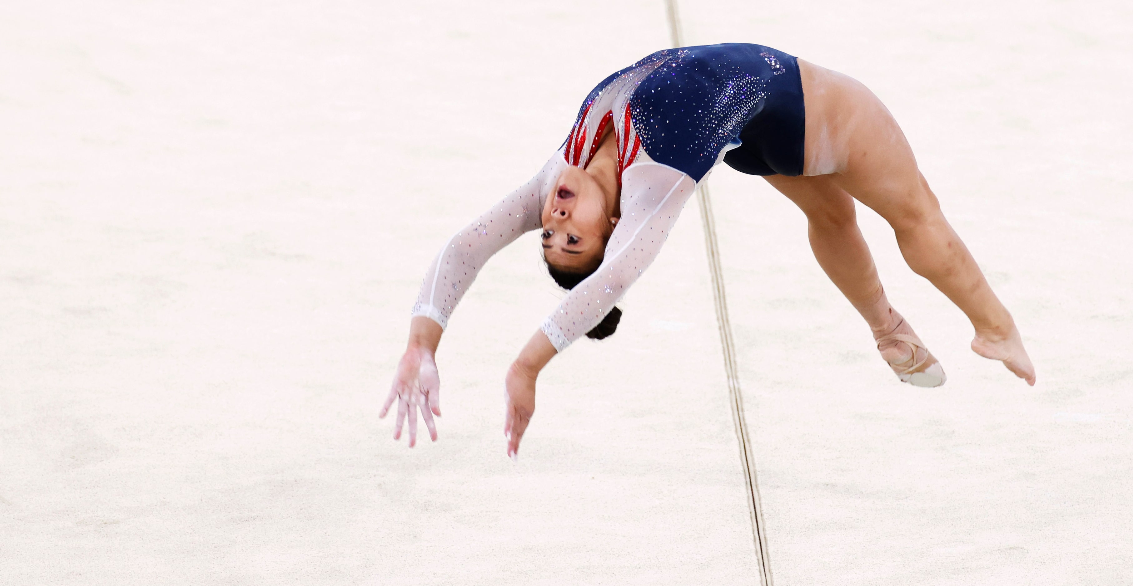 USA’s Sunisa Lee competes on the floor during the women’s all-around final at the postponed...