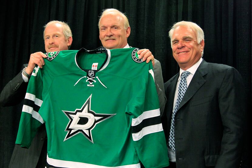 Dallas Stars general manager Jim Nill, left, and Dallas Stars owner Jim Lites, right,...