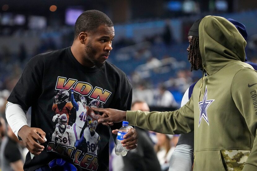 Dallas Cowboys linebacker Micah Parsons wears a t-shirt recognizing Buffalo Bills linebacker...