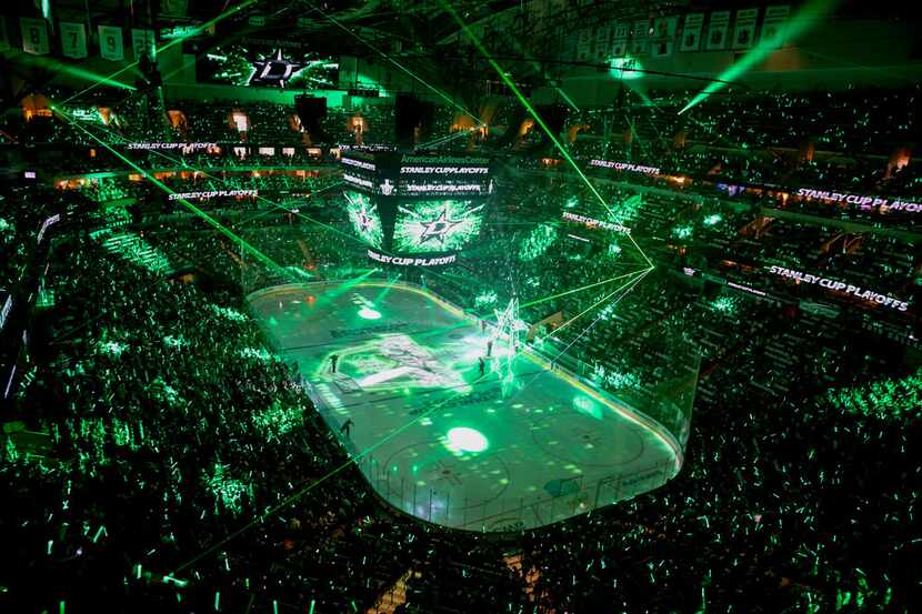 Dallas Stars players are introduced during game 3 of an NHL second round playoff series at...