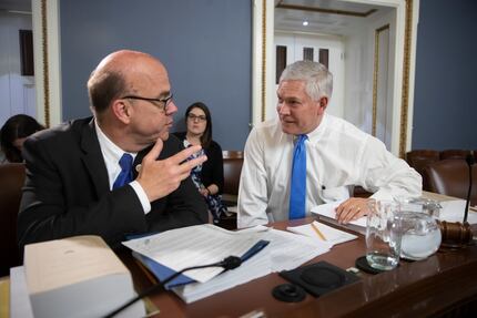 Rep. James P. McGovern, D-Mass, left, the top Democrat on the House Rules Committee, confers...