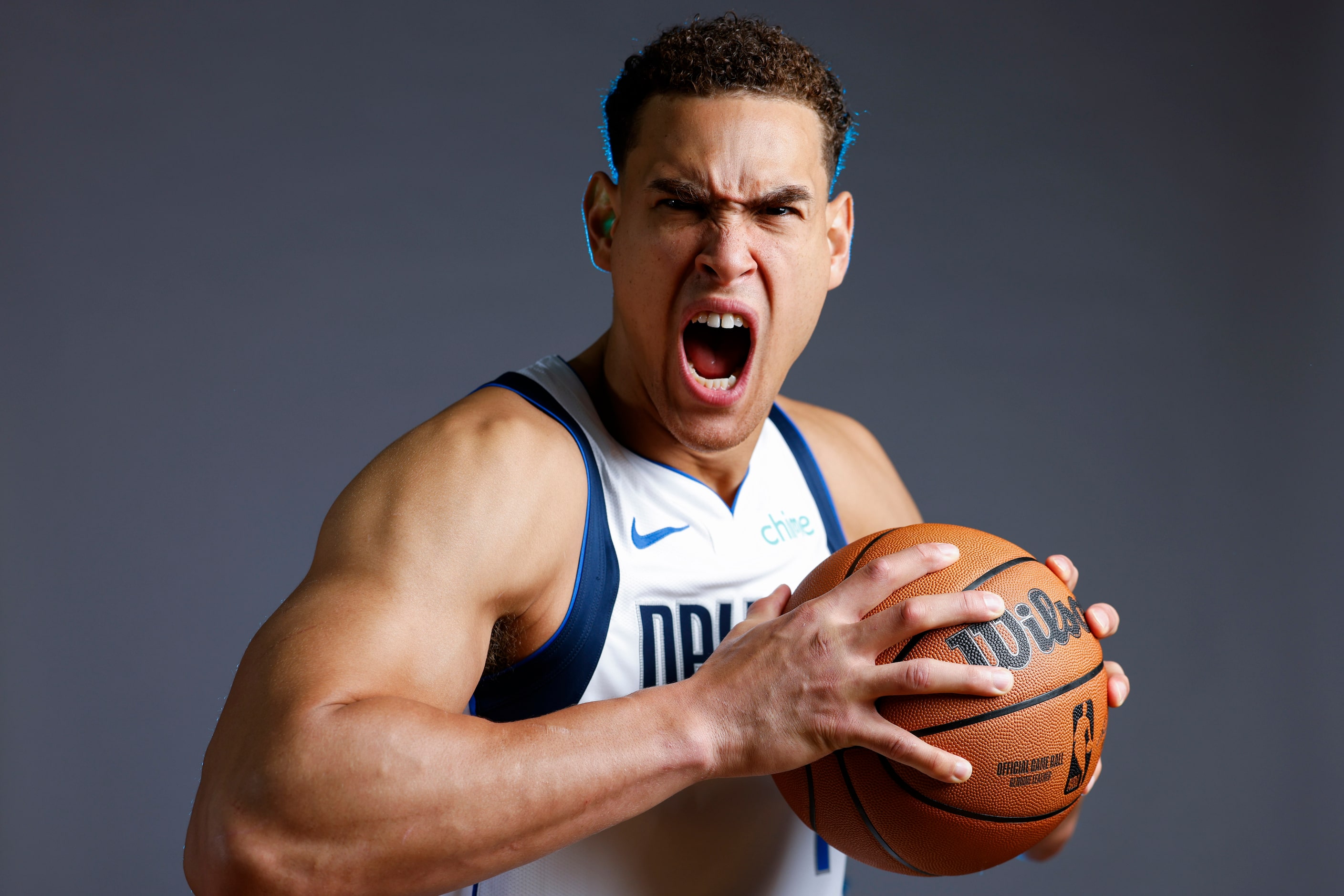 Dallas Mavericks’ Dwight Powell poses for a photo during the media day on Friday, Sept. 29,...