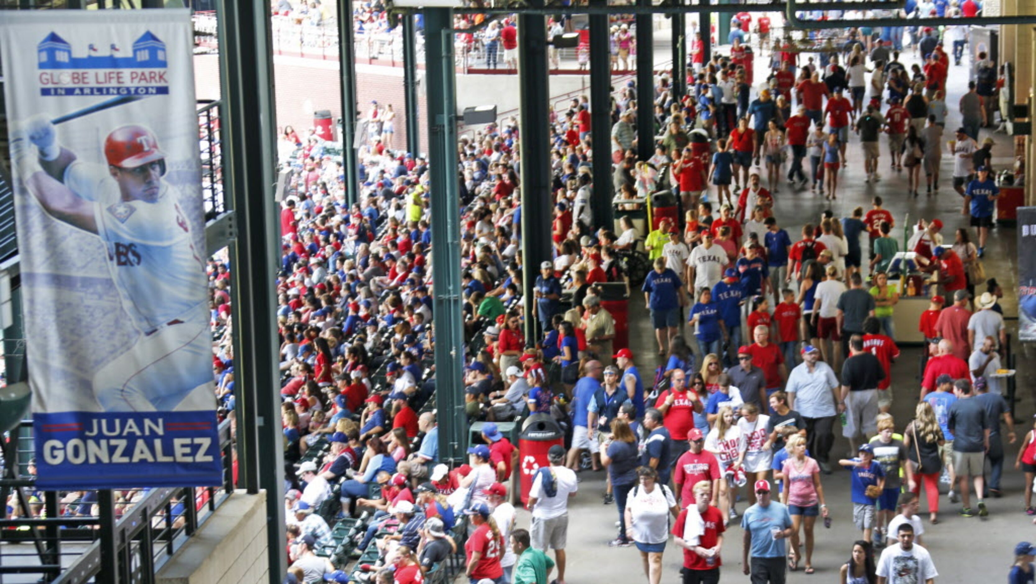 Fans walk along the concourse in the home run porch during the Oakland Athletics vs. the...