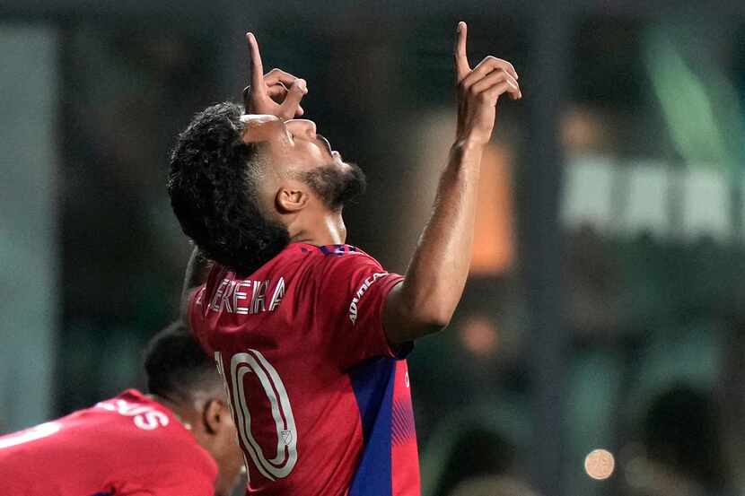 FC Dallas forward Jesús Ferreira (10) reacts after scoring a goal during the first half of...