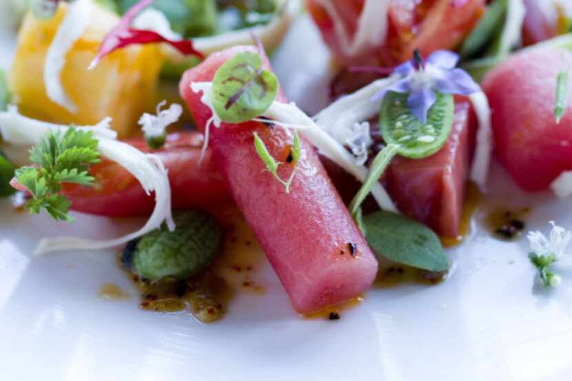 Watermelon salad at Earth at Hidden Pond. In collaboration with award-winning Boston chef...