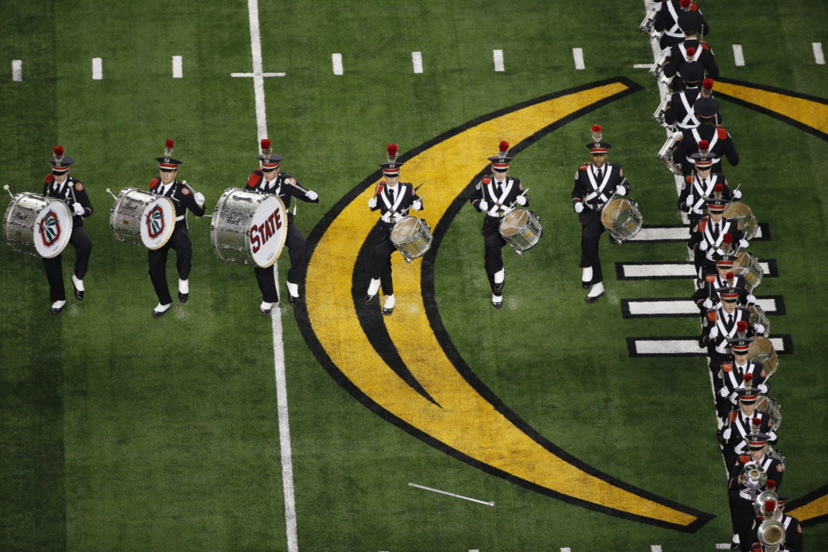 The Ohio State Buckeyes marching band performs during the pre game show before the College...