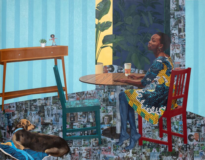 "Dwell: Me, We," a large mixed-media painting by Njideka Akunyili Crosby, shows private life...