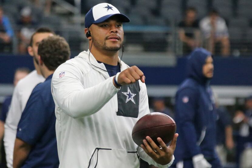 Dallas Cowboys quarterback Dak Prescott (4) is pictured  during early warmups before the...