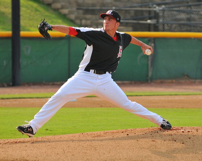 Former Texas Rangers first-round Pick Kevin Matthews is pictured pitching for Single A...