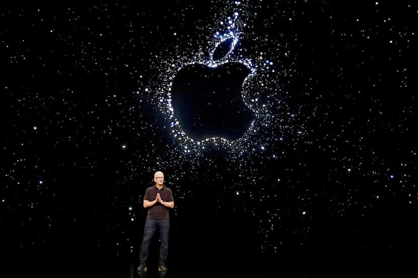 Apple CEO Tim Cook speaks at an Apple event on the campus of Apple's headquarters in...